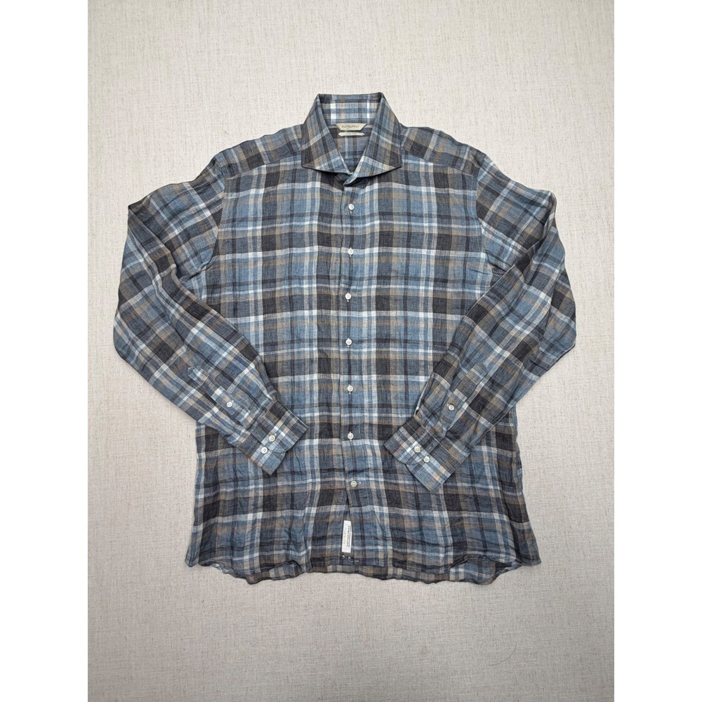 Suitsupply Blue Plaid Pure Linen Shirt Cotonificio Albini Italian Fabric 17 43